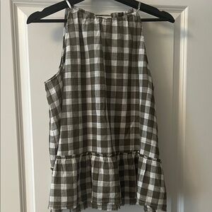 Gingham Ruffle Hem Sleeveless Top - Olive & White